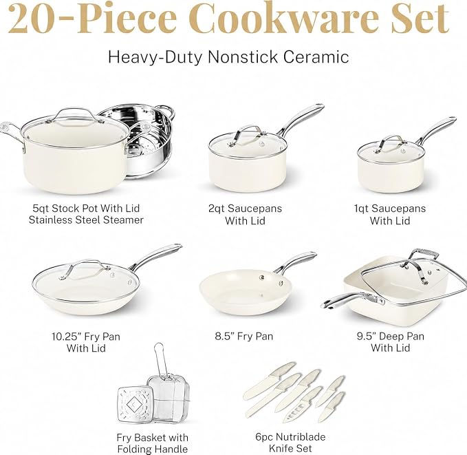 Gotham Steel 20pcs Pots and Pans Set Non Stick Ceramic Cookware Set with Deep Frying Pan Set & 6pc Knife Set, Made without PFOA PFOS, Lasts 2x Longer, Oven & Dishwasher Safe