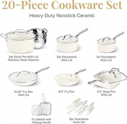 Gotham Steel 20pcs Pots and Pans Set Non Stick Ceramic Cookware Set with Deep Frying Pan Set & 6pc Knife Set, Made without PFOA PFOS, Lasts 2x Longer, Oven & Dishwasher Safe