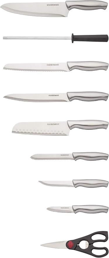 Farberware 15-Piece Stamped Stainless Steel Knife Block Set, High-Carbon Stainless Steel Kitchen Knife Set with Ergonomic Handles, Razor-Sharp Knives with Wood Block, 15-Piece Set, Graphite