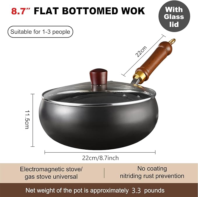 Carbon Steel Wok Pan, 8.7 INCH Nonstick Pre-Seasoned Woks & Stir-Fry Pans with Lid, No Chemical Coating Wok Flat Bottom Small Handmade Chinese Wok for Induction, Gas, Electric & All Stoves