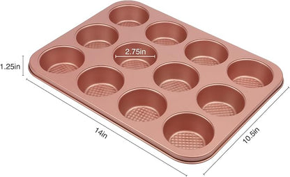 David Burke 12-Cup Muffin Pan, Carbon Steel, PFTE & PFOA Free, Oven Safe, Diamond Textured Surface – Rose Gold