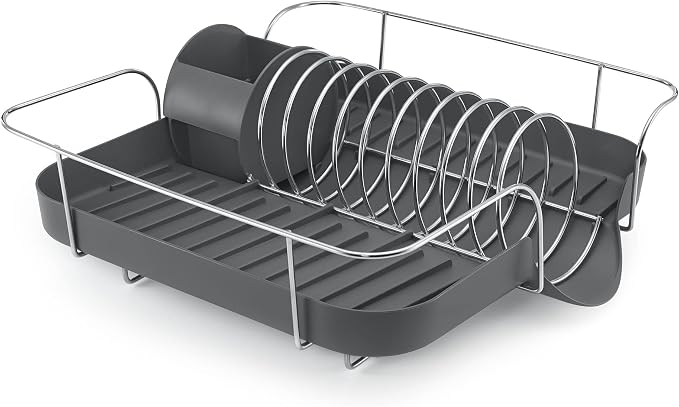 Polder Spring Dish Rack Holds Up to 9 Plates and Includes Removable, Stand-Alone Utensil Bin (Gray)