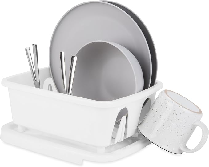 Camco RV Mini Dish Drainer & Tray - Features a Sloped Drain Tray Design, Heavy-Duty Construction - Ideal for Small Spaces, Apartments, Boats, and More -9.5"L x 11.7"W x 4.75"H - White (43511)