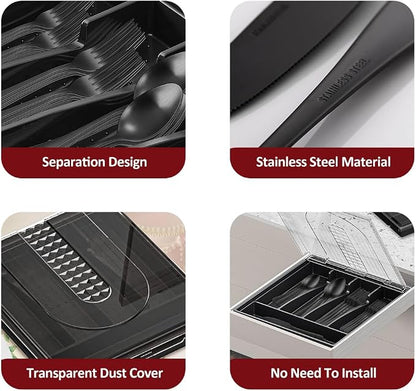 41-Piece Black Matte Silverware Set with Drawer Organizer, SANLUNS Stainless Steel Flatware Cutlery for 8 Utensil Set for Home Restaurant, Tableware Includes Knife Fork Spoon Set Dishwasher Safe