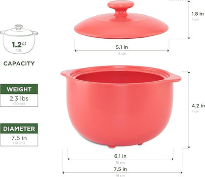 MINH LONG 1-Qt Porcelain Dutch Oven with Lid – Lead & Cadmium Free, Oven Safe to 482°F, Heat Retention, Clay Pot for Cooking on Gas & Infrared Cooktop, Use to Marinate, Cook, Bake, Refrigerate & Serve