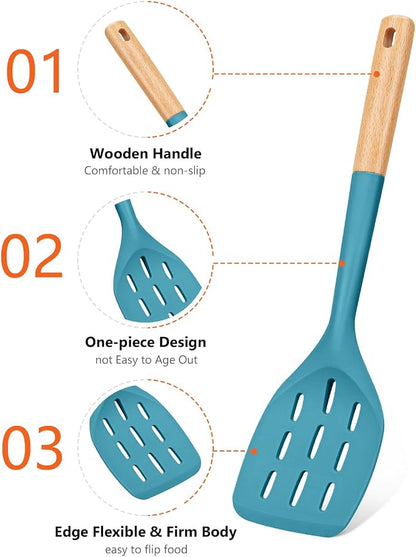 Pack of 2 Silicone Spatula, Non Stick Cooking Utensil Set Wooden Handle Kitchen Turner for Baking Mixing Grilling Serving Food Heat Resistant Non Scratch Hooks Included (Blue)