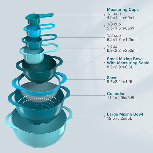 Mixing Bowls-Plastic Nesting Mixing Bowl Set of 8, Kitchen Gadgets for Apartments Space Saving, Including Measuring Cups Sifter Colander, Easy Storage Cooking Baking, Rv Camper Accessories, No BPA