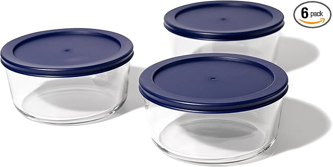 6-Piece Glass Food Storage Containers Set (3 Containers + 3 BPA-Free Lids) | 4-Cup, Leakproof | Microwave, Freezer, Oven & Dishwasher Safe | Ideal for Meal Prep & Pantry Organization, Blue