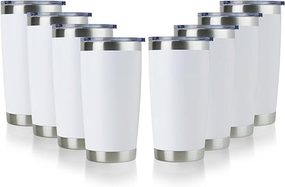 DOMICARE 20oz Stainless Steel Tumbler Bulk with Lid, Double Wall Vacuum Insulated Travel Mug, Powder Coated Coffee Cup, Powder White, 8 Pack