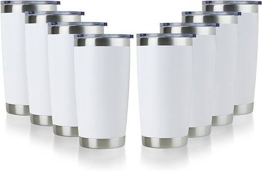 DOMICARE 20oz Stainless Steel Tumbler Bulk with Lid, Double Wall Vacuum Insulated Travel Mug, Powder Coated Coffee Cup, Powder White, 8 Pack