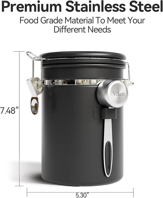 Veken Coffee Canister with Window,Airtight Stainless Steel Pantry Container,Kitchen Food Storage Organizers for Beans,Ground,Espresso,Rice,Tea,Sugar, Cereal, Bar Accessories,Gifts,Lids,Jars,22OZ,Black