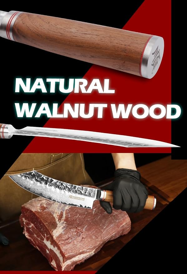 YOUSUNLONG Butcher Knife 8" Cimitar Hybrid Cleaver Japanese Hammered Damascus Steel Natural Walnut Wooden Handle