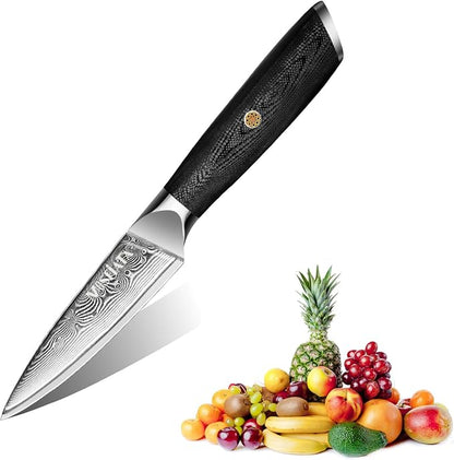 MOSFiATA Damascus Fruit Knife 4", Ultra Sharp Paring Knife, 67 Layers Damascus Steel VG10 Core Multipurpose Small Kitchen Knife Professional Peeling Knives, G10 Handle with Rivet Chef Gift