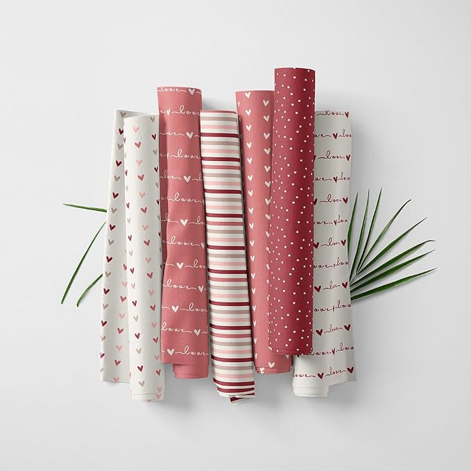 Valentine Patchwork Fabric Panel 100x155 cm – 100% Cotton Satin, 6 Coordinated Heart, Love Script, Dot & Stripe Prints on One Continuous Sheet (Love Story, 6pcs 50x50cm)