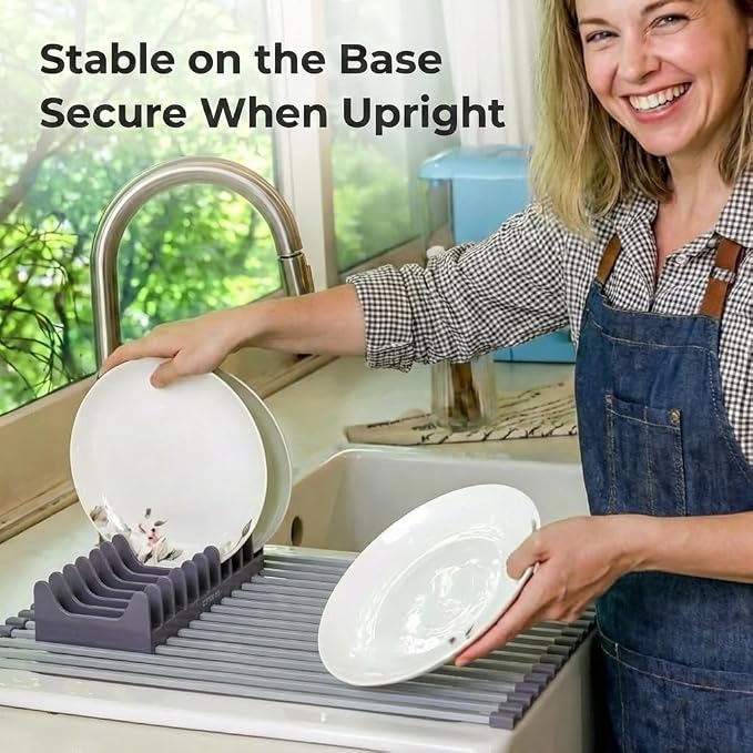 Medium Aluminum Roll Up Dish Drying Rack (17" x 13") - Fits Sinks up to 16 Inches, Heavy Duty Square Bar, Rust-Proof & Heat Resistant with Removable Dish Holder (Purple Gray Medium)