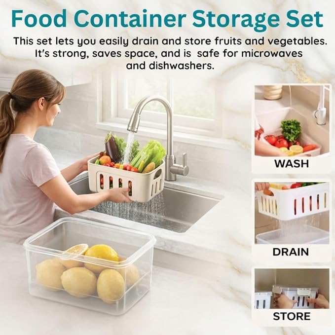 Fruit Containers for Fridge Keep Fresh, 5-Pack BPA-Free Produce Storage Containers with Removable Colander, Airtight Fridge Organizer for Berry Vegetable, Microwave & Dishwasher Safe (Cream)