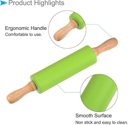 Silicone Rolling Pins, 12.2" Length, Silicone & Oak Non-Stick Ergonomic Wooden Handle Fondant Dough Roller Green - (Applications: for Baking DIY Projects)