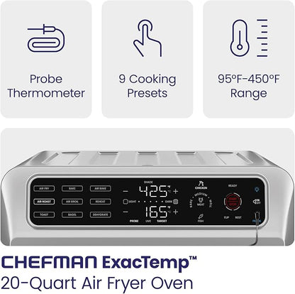Chefman Air Fryer Toaster Oven Combo with Probe Thermometer, 12-In-1 Stainless Steel Convection Countertop, 10 Inch Pizza, 4 Slices of Toast, Cooking, Baking, Toasting, Roaster Oven Airfryer 20QT (Renewed)