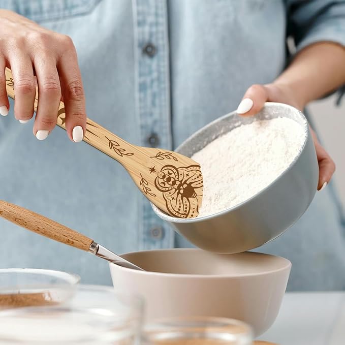 GLOBLELAND 6 Pcs Moon Moth Wooden Spoons Utensil Set Moon Phases Bamboo Kitchen Cooking Utensils for Women and Men Wooden Engraved Cooking Spatula Set for Kitchen Fun House Warming Gift