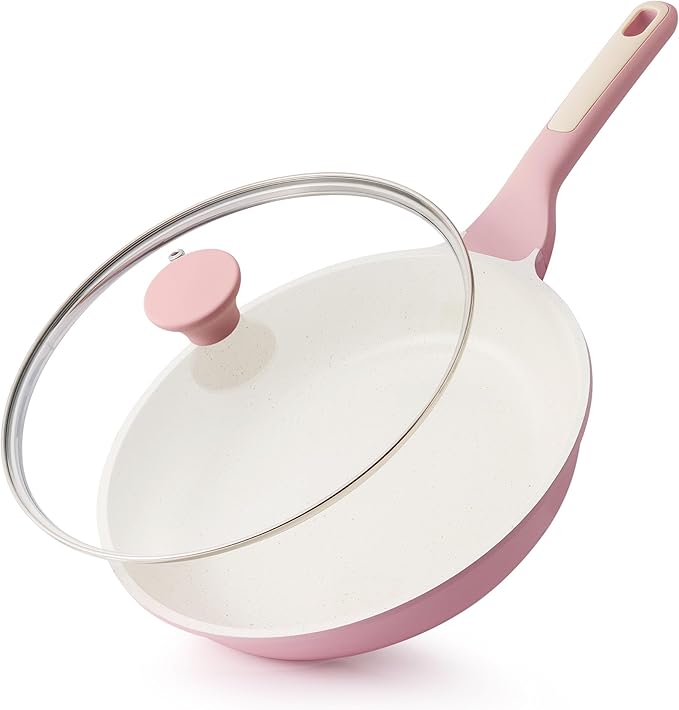 SENSARTE Nonstick Ceramic Frying Pan with Lid 8 Inch Small Omelette Pan Skillet, Free of Intentionally Added PFAS/PTFE Non-toxic Chef's Pan Induction Compatible Pan, Heat Resistant Handle, Sakura Pink