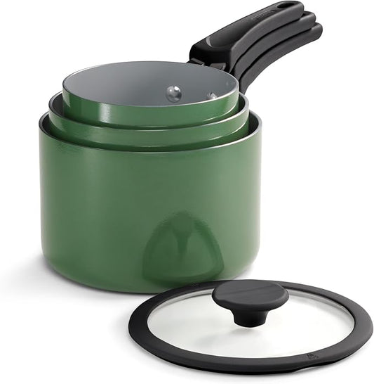 Tramontina Ceramic Non Stick 6-Piece Nesting Sauce Pan Set with Lids - Stackable Nonstick Cookware Set, Dishwasher and Oven Safe, Green