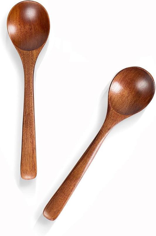 2 PCS Wooden Spoons for Eating, 7 inch Wooden Honey Spoons for Tea, Wood Teaspoons for Stirring Coffee, Hard Wood Table Spoon for Cooking, Small Serving Spoon for Soup, Desserts & Cereal