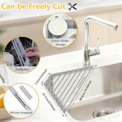 Credon Triangle Roll Up Dish Drying Rack, Foldable Anti-Slip Kitchen Sink Drainer Organizer, Silicone Coated Stainless Steel Frame, Multipurpose Over Sink Corner Caddy for Space Saving (Grey)