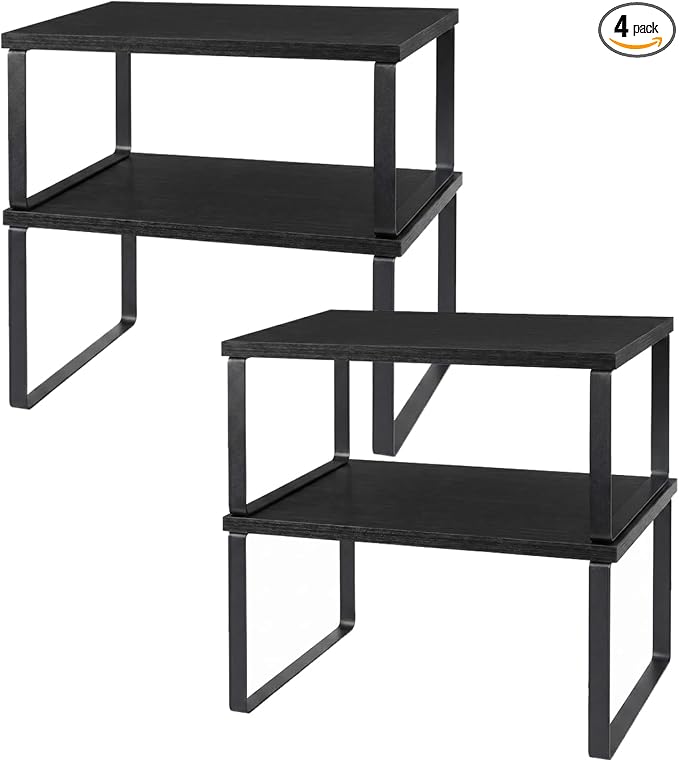 Kitchen Cabinet Organizer Shelf, Set of 4 Stackable Spice Rack Storage, Heavy Duty Metal & Wood Countertop Display Stand for Seasoning Bottles, Jars & Pantry Essentials（Black）