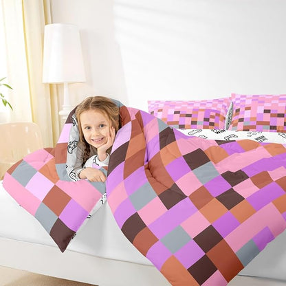 Pixel Grid Theme Comforter Set with 2 Pillowcases,Video Gaming Blocks Super Soft Microfiber Bedding Set for Adults Teens,Geometric Colorful Plaid Lattice Pink Purple Duvet Set for Room Decor,King