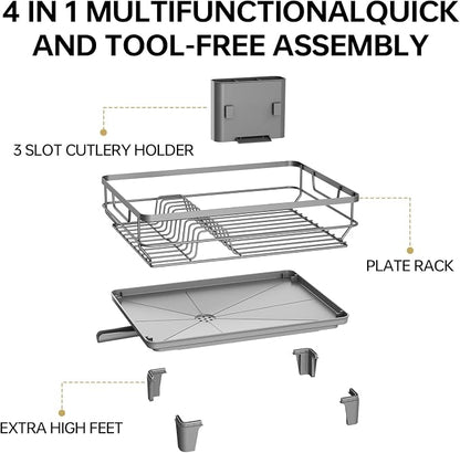 TOOLF Dish Drying Rack, Small Dish Racks for Kitchen Counter, Stainless Steel Sink Organization and Storage Essentials with Cutlery Holder, Dish Drainer, Home and Appartment Decor, Gray