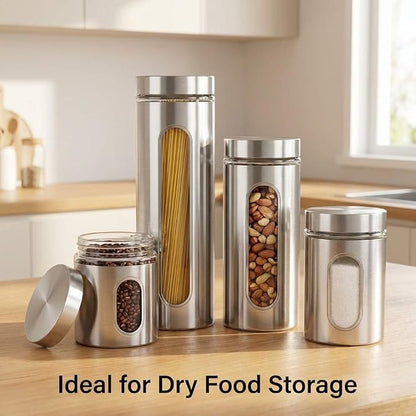 QWORK 4pc Stainless Steel Canister Set with Airtight Lids and Glass Window - Food Storage Containers for Kitchen Counter & Pantry Organization