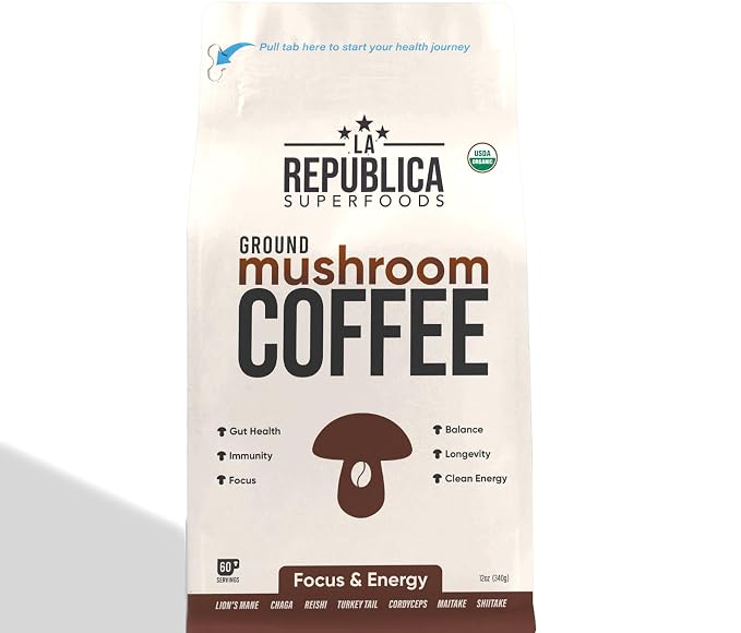 La Republica Ground Mushroom Coffee, Organic Fair Trade Arabica with Superfood Mushrooms (Medium Roast, 60 Servings)