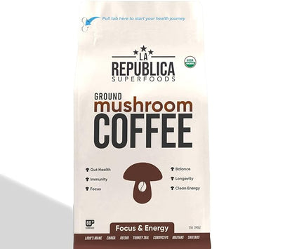 La Republica Ground Mushroom Coffee, Organic Fair Trade Arabica with Superfood Mushrooms (Medium Roast, 60 Servings)
