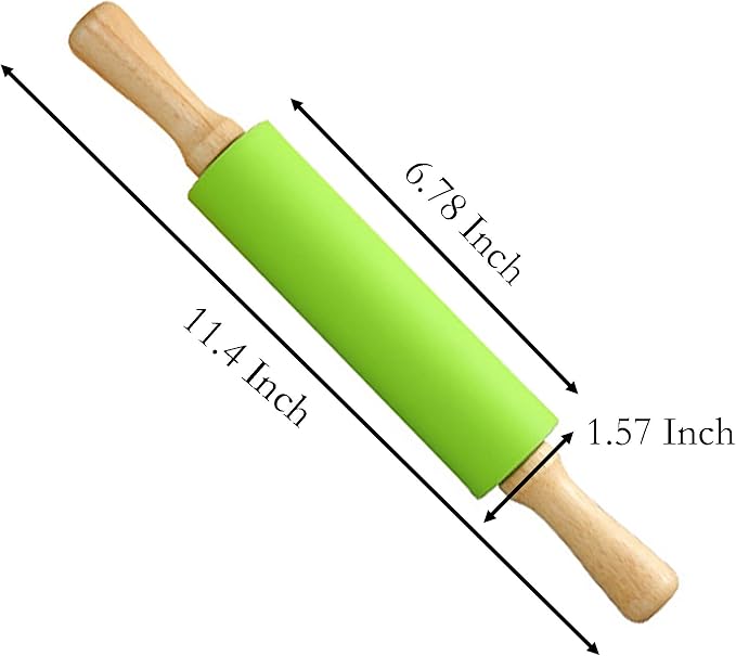 Green Rolling Pin, 11.4 Inch Silicon Rolling Pin with Wooden Handle for Kneading the Dough of Baking Bread, Pizza, Cookie, Noodles (green, 12 inch)
