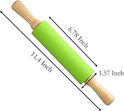 Green Rolling Pin, 11.4 Inch Silicon Rolling Pin with Wooden Handle for Kneading the Dough of Baking Bread, Pizza, Cookie, Noodles (green, 12 inch)