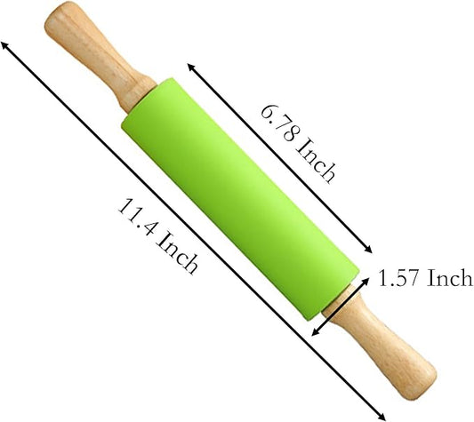 Green Rolling Pin, 11.4 Inch Silicon Rolling Pin with Wooden Handle for Kneading the Dough of Baking Bread, Pizza, Cookie, Noodles (green, 12 inch)