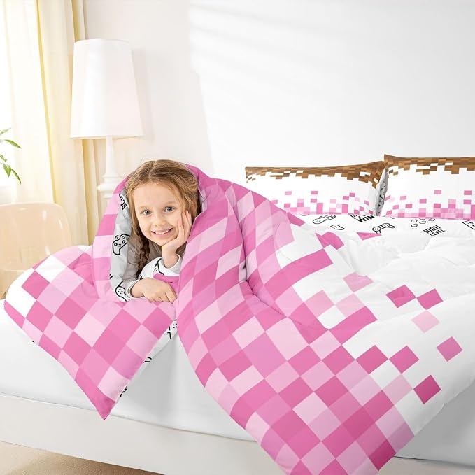 Manfei Pixelated Theme Kids Comforter Toddler Size,Geometric Grid Quilt Set for Kids Boys Girls Bedroom Decor,Video Games Gamepad Bedding Set,Pink White Brown Duvet Insert,1 Pillowcase