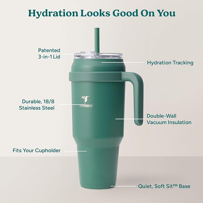 REDUCE 50 oz Stainless Steel Tumbler with Handle - Dual-Wall Vacuum Insulated Travel Mug, Sweat-Proof Lid & Reusable Straw - Keeps Drinks Cold for 24 Hrs, Fits Cupholders, Dishwasher Safe - Alpine