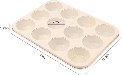 David Burke 12-Cup Muffin Pan, Carbon Steel, PFTE & PFOA Free, Oven Safe, Diamond Textured Surface – Cream