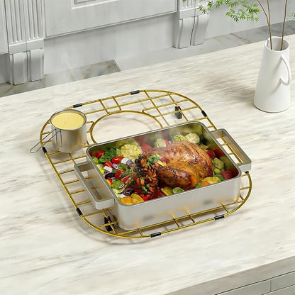 Gold Sink Protectors for Kitchen Sink 16.1"L X 13"W, Sink Rack for Bottom of Sink, Stainless Steel Sink Grid, Rust Resistant Metal Sink Protector with Sink Strainer