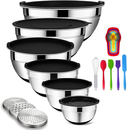 Rottay Mixing Bowls Set with Airtight Lids, 20PCS Stainless Steel, Nesting Bowls with 3 Grater Attachments & Non-Slip Bottoms, Size7, 4, 3, 2, 1.5, 1QT Bowls for Baking&Prepping