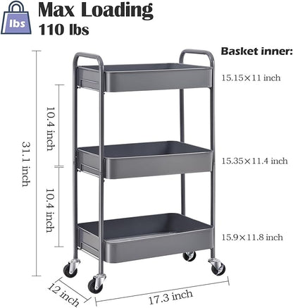 TOOLF 3-Tier Rolling Cart - Metal Utility Storage Organizer with Lockable Wheels, 33 lbs Per Shelf, Tool-Free 5-Min Assembly, for Kitchen Bathroom Office Nursery Craft Room, Grey