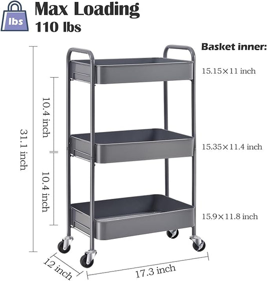 TOOLF 3-Tier Rolling Cart - Metal Utility Storage Organizer with Lockable Wheels, 33 lbs Per Shelf, Tool-Free 5-Min Assembly, for Kitchen Bathroom Office Nursery Craft Room, Grey