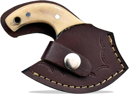 Custom Damascus Steel Ulu Knife Traditional Alaskan Ulu Multi-Purpose Pizza Cutter,Vegetable Chopping, Boning Slicing Cutting Camel Bone Handle Leather Sheath (SUB-03)