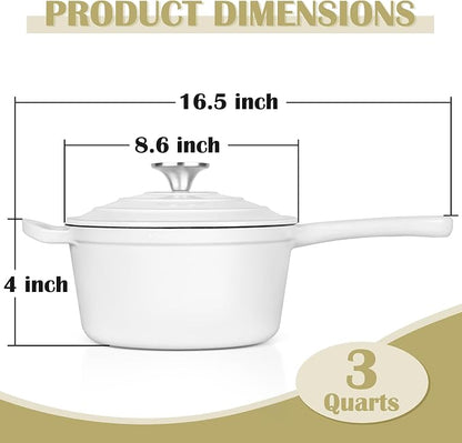 E-far Enameled Cast Iron Sauce Pan, 3 Quart Dutch Oven Saucepan with Lid, Small Sauce Pot for Cooking, Boiling, Healthy & Non Toxic, Induction & Oven Safe, White