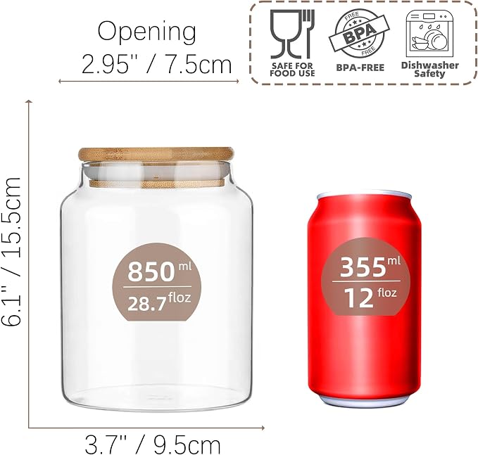 Custde Glass Jar with Lid, 28.7 FL oz Airtight Glass Storage Jar Glass Food Storage Containers for Kitchen Counter, Pantry, Decorative for Coffee, Sugar, Candy Jar Cute (Bamboo 28.7 FL OZ)