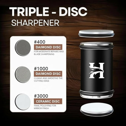High Carbon Stainless Steel Rolling Knife Sharpener with 400, 1000 & 3000 Replacement Discs - Blunt Knife Sharpening Kit with 15 and 20 Degree Sharpening for Kitchen & Chef's Knives (BLACK)