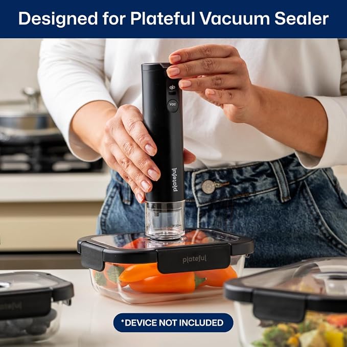 Plateful Glass Vacuum Seal Containers For Food Storage (3-pack) - Reusable Sealed Vacuum Container, Borosilicate Glass to Keep Food Fresh Longer, Works For Meal Prep