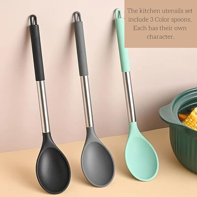 Silicone Solid Cooking Spoon Set (13.2"), 3-Pack Large Stainless Steel Handle Non Stick Server Spoon Heat Resistant 600°F, Metal Basting Spoon, Kitchen Utensils for Mixing Serving