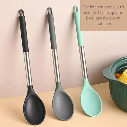 Silicone Solid Cooking Spoon Set (13.2"), 3-Pack Large Stainless Steel Handle Non Stick Server Spoon Heat Resistant 600°F, Metal Basting Spoon, Kitchen Utensils for Mixing Serving